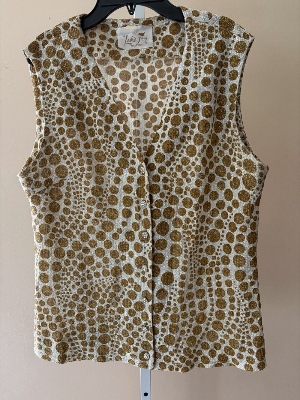 Vtg. Leslie Fay Blouse Gold Polka Dot Art Deco Rhinestone Button Shirt Vest L